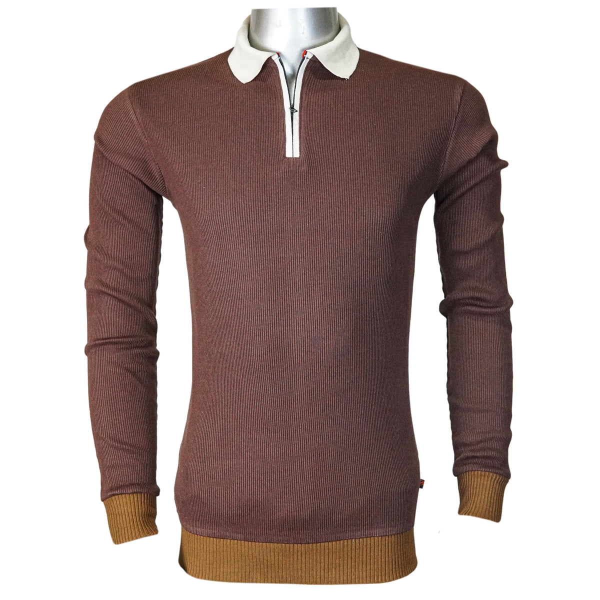 Rib Long Sleeve Polo Shirt With "Short Zip Fashion" - Foxy Garments